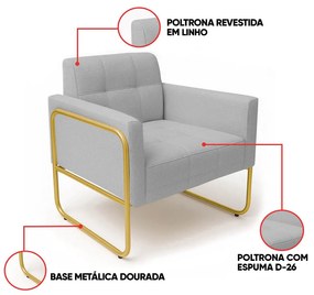 Poltrona Sala Industrial Alta Tubo Dourado Elisa Linho D03 - D'Rossi - Cinza