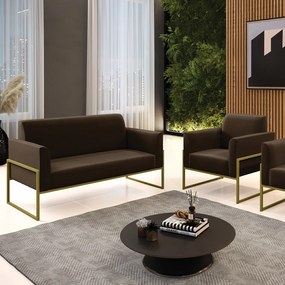 Sofá Namoradeira com Poltrona Base Industrial Alta Dourado Marisa Suede D03 - D'Rossi - Marrom