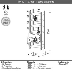Armário Roupas Closet 2 Gavetas 4 Prateleiras Mdf Preto Luxo TW401 Dalla Costa