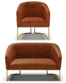 Sofá Namoradeira e Poltrona Industrial Dourado Stella Sint PU D03 - D'Rossi - Nozes