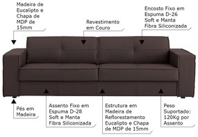 Sofá 3 Lugares Sala de Estar Pés Madeira Laus 242 cm Couro Tabaco G43 - Gran Belo