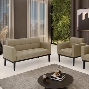 Conjunto Poltrona e Namoradeira Decorativa Karen Pés Fixo em Madeira Preto Suede Nude G19 - Gran Belo