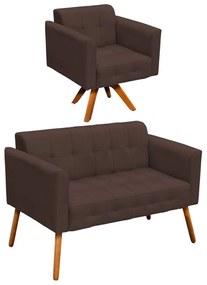 Kit 01 Namoradeira e 01 Poltrona Giratória Elisa Suede Base Madeira MM30 D'Rossi - Marrom