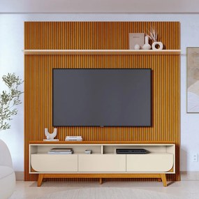 Painel TV 75 Pol 238cm Ripado Kalven e Bancada Elarin M20 - D'Rossi - Cinamomo(fosco)/Off White(brilho)