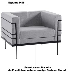 Poltrona Decorativa Base de Aço Preto Jeanneret-Gris Linhão Cinza G17 - Gran Belo