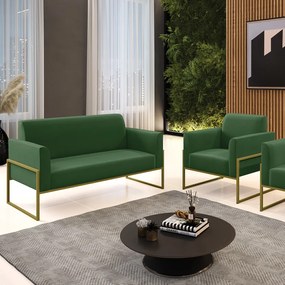 Sofá Namoradeira com Poltrona Base Industrial Alta Dourado Marisa Suede D03 - D'Rossi - Verde