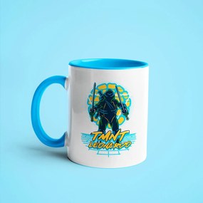 Caneca Tartarugas Ninjas Leonardo Geek Nerd Branca com Alça Azul Claro
