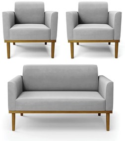 Conjunto 2 Poltronas e 1 Namoradeira Decorativa Isabella Pés Fixo em Madeira Castanho Suede Cinza G19 - Gran Belo