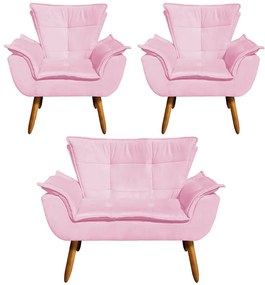Conjunto 2 Poltronas e 1 Namoradeira Pés Palito Charger Suede Rosa G19 - Gran Belo