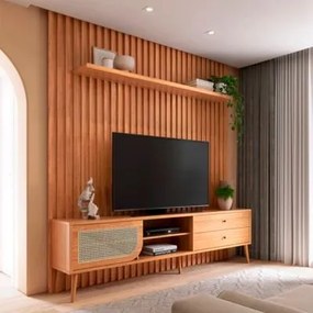 Rack com Painel para TV Até 75 Polegadas 2 Gavetas 1 Porta Ripado Freijó