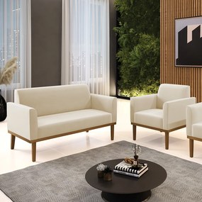 Conjunto Poltrona e Namoradeira Decorativa Isabella Pés Fixo em Madeira Castanho Suede Bege G19 - Gran Belo