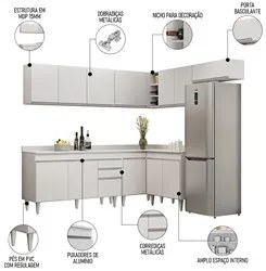 Armário de Cozinha Modulado de Canto 7 Peças CP23 Balcão com Tampo Bra