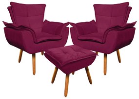 02 Poltronas e 01 Puff Pé Palito de Madeira Opala Suede D03 - D'Rossi - Vinho