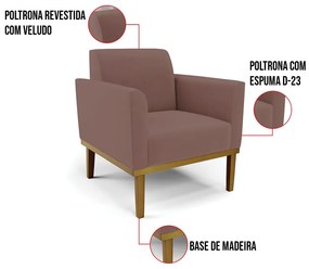 Poltrona Base de Madeira Fixa Castanho Marisa Veludo  D03 - D'Rossi - Rose