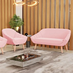 Kit 01 Namoradeira 02 Lugares e 01 Poltrona Giovana Suede Rosa Bebê Pés Palito Natural - D'Rossi