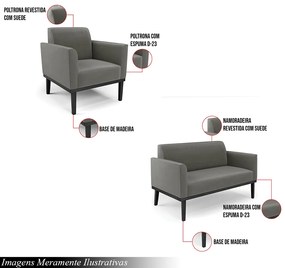 Conjunto 2 Poltronas e 1 Namoradeira Decorativa Isabella Pés Fixo em Madeira Preto Suede Grafite G19 - Gran Belo