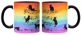 Caneca Gato Musical Arco Iris Cat Lover Colorida com Alça Preto