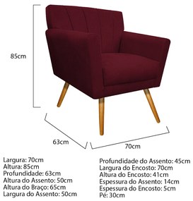 Poltrona Laura Pés Palito Mel Suede Bordô - ADJ Decor