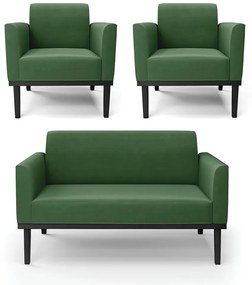Conjunto 2 Poltronas e 1 Namoradeira Decorativa Isabella Pés Fixo em Madeira Preto Suede Verde G19 - Gran Belo