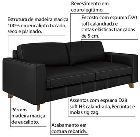 Sofá 3 Lugares Sala de Estar Recepção 220cm Presley Couro Preto G52 - Gran Belo