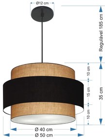Lustre Pendente Cilíndrico Md-4384 Cúpula em Tecido Preto e Palha Tam 50cm