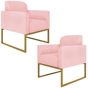 Kit 2 Poltronas Decorativas Isabella Base Industrial Suede Rosa Bebê/Dourado G19