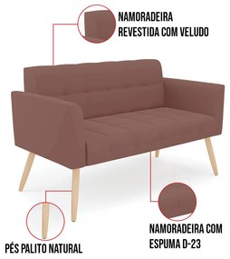 Kit 1 Sofá Namoradeira e 2 Poltronas Elisa Veludo Pés Palito Natural D03 - D'Rossi - Rose