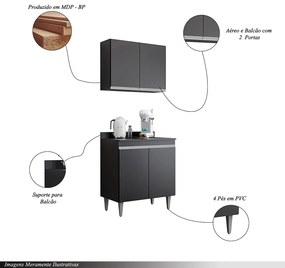 Conjunto Balcão de Cozinha com Tampo Papin Armário Aéreo MDP/BP Preto G96 - Gran Belo