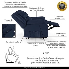Poltrona do Papai Reclinável Sala de Cinema Madrid Elevação Lift Elétrico PU Azul  G23