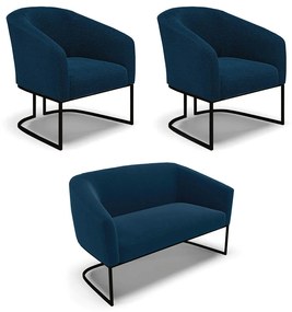 Namoradeira e 2 Poltronas Industrial Preto Stella Bouclê D03 - D'Rossi - Azul