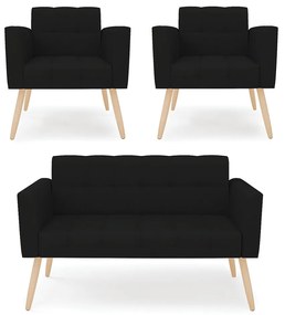 Kit 1 Sofá Namoradeira e 2 Poltronas Elisa Linho Pés Palito Natural - D'Rossi - A79 Preto