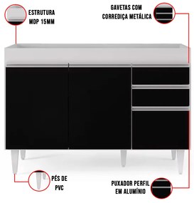 Balcão de Cozinha Lavanderia sem Tampo 02 Gavetas Beth 120 cm L06 - D'Rossi - Branco e Preto