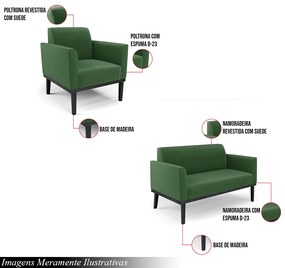 Conjunto Poltrona e Namoradeira Decorativa Isabella Pés Fixo em Madeira Preto Suede Verde G19 - Gran Belo