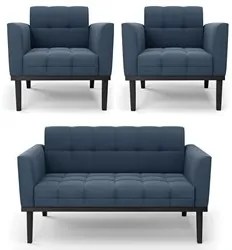 Sofá Namoradeira e 2 Poltronas Base Madeira Preto Ana Suede Azul Marin