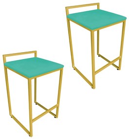 Conjunto 02 Banquetas Pietra Suede Base Dourado - Verde Turquesa