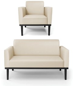 Conjunto Poltrona e Namoradeira Decorativa Isabella Pés Fixo em Madeira Preto PU Bege G19 - Gran Belo