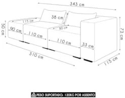 Sofá 5 Lugares 343cm Com Puff Esquerdo Fay Linho Cru Z55 - Mpozenato
