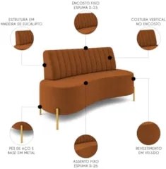 Sofá 2 Lugares 160cm Pés Aço Dourado Tamar Veludo Terracota Z08 - Mpoz