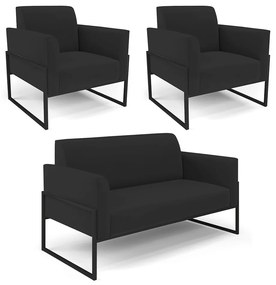 Sofá Namoradeira com 2 Poltronas Base Industrial Alta Preto Marisa Veludo D03 - D'Rossi - Preto
