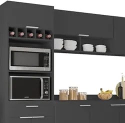 Armário de Cozinha Com Tampo CP05 320cm Pérola Preto Z34      - Mpozen