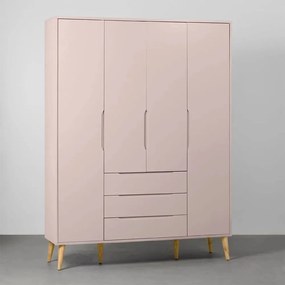 Guarda-Roupa Elfe 4 Portas e 3 Gavetas com Pés Retrô Natural - Rosa Fosco