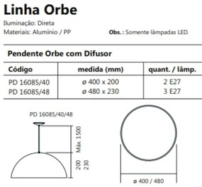 Pendente Orbe C/ Difusor Acrílico Metal Ø48X23Cm 3Xe27 / Meia Esfera |... (CP-M - Champagne Metálico)