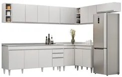 Armário de Cozinha Modulado de Canto 8 Peças CP27 com Pia Inox Branco