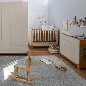Kit Quarto Infantil Lotus Berço Mini Cama com Frisos + Cômoda 4 Gavetas e 1 Porta + Guarda-Roupa 4 Portas com 4 Gavetas - Areia e Savana