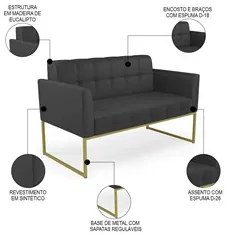Sofá Namoradeira e 1 Poltrona Base Industrial Dourado Ana Sintético Pr