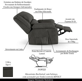 Poltrona do Papai Reclinável Sala de Cinema Madrid Power Touch USB Linho Chumbo  G23 - Gran Belo
