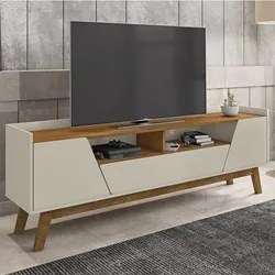 Rack Bancada para TV 70 Pol Pés Retrô 180cm Flora B02 Off White/Natura