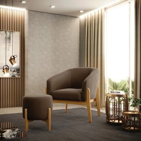 Poltrona com Puff Base de Madeira Stella Suede Marrom D03 - D'Rossi