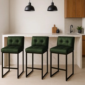 Banqueta Cozinha Alta com Encosto Industrial Kit 3 Preto Lirina PU C05 - D'Rossi - Verde