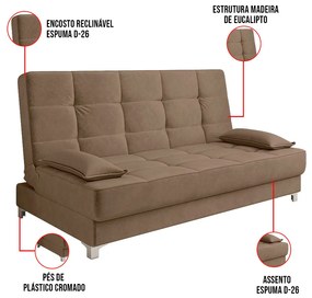 Sofá Cama Equador 193 cm Encosto Reclinável Veludo Cappucino Pés Plástico Cromado - D'Rossi